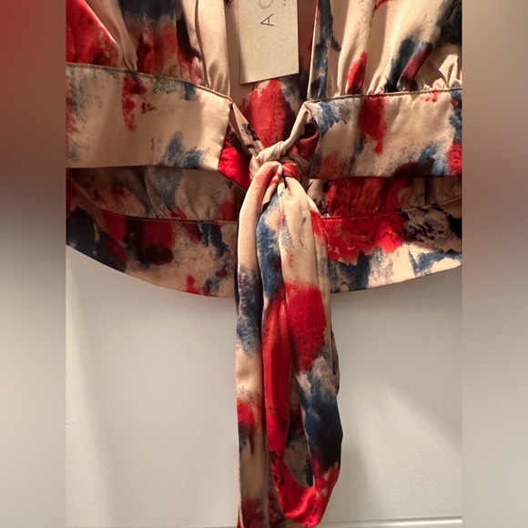 ACOA red & tan holiday dinner date cropped tie long sleeve blouse sexy NWT M - Picture 13 of 15